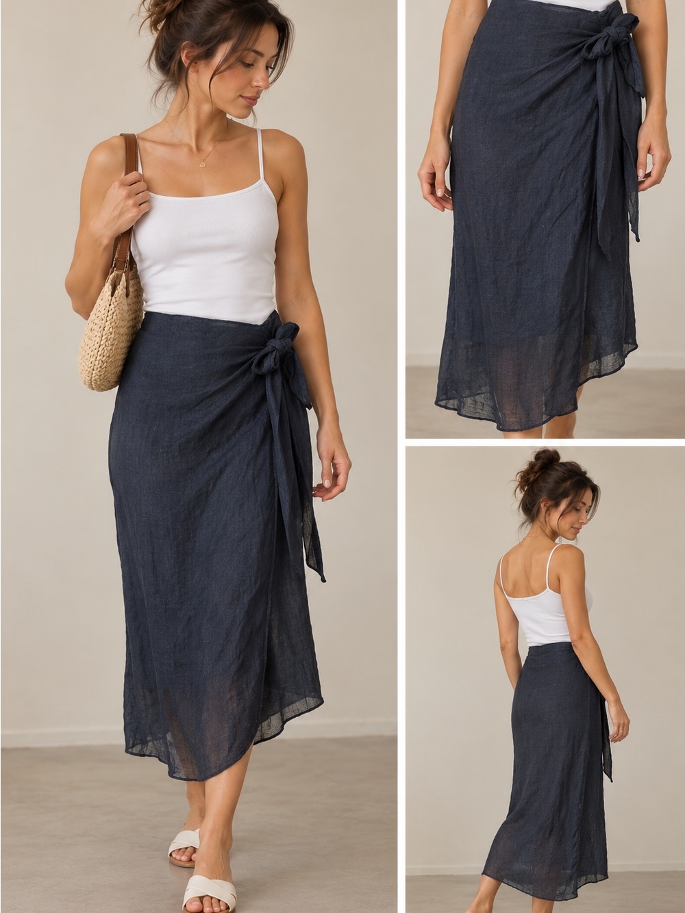 Massimo Dutti navy linen midi wrap skirt-size small